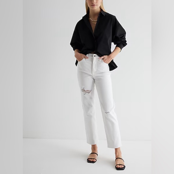 Express Ladies High Waisted White Ripped Straight Ankle Jeans NWT Size 12R - Picture 1 of 6